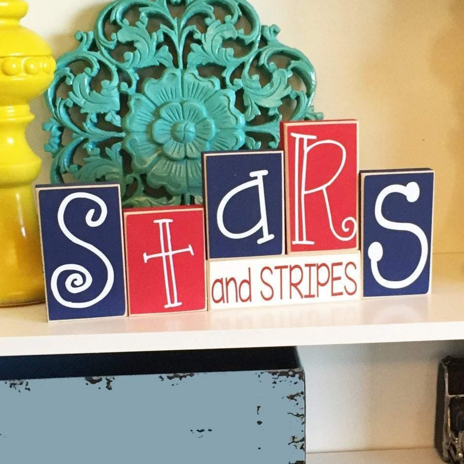Stars & Stripes Blocks- 4th of July Decor - Fourth of July Shelf Decor - Fourth of July Shelf Sitter